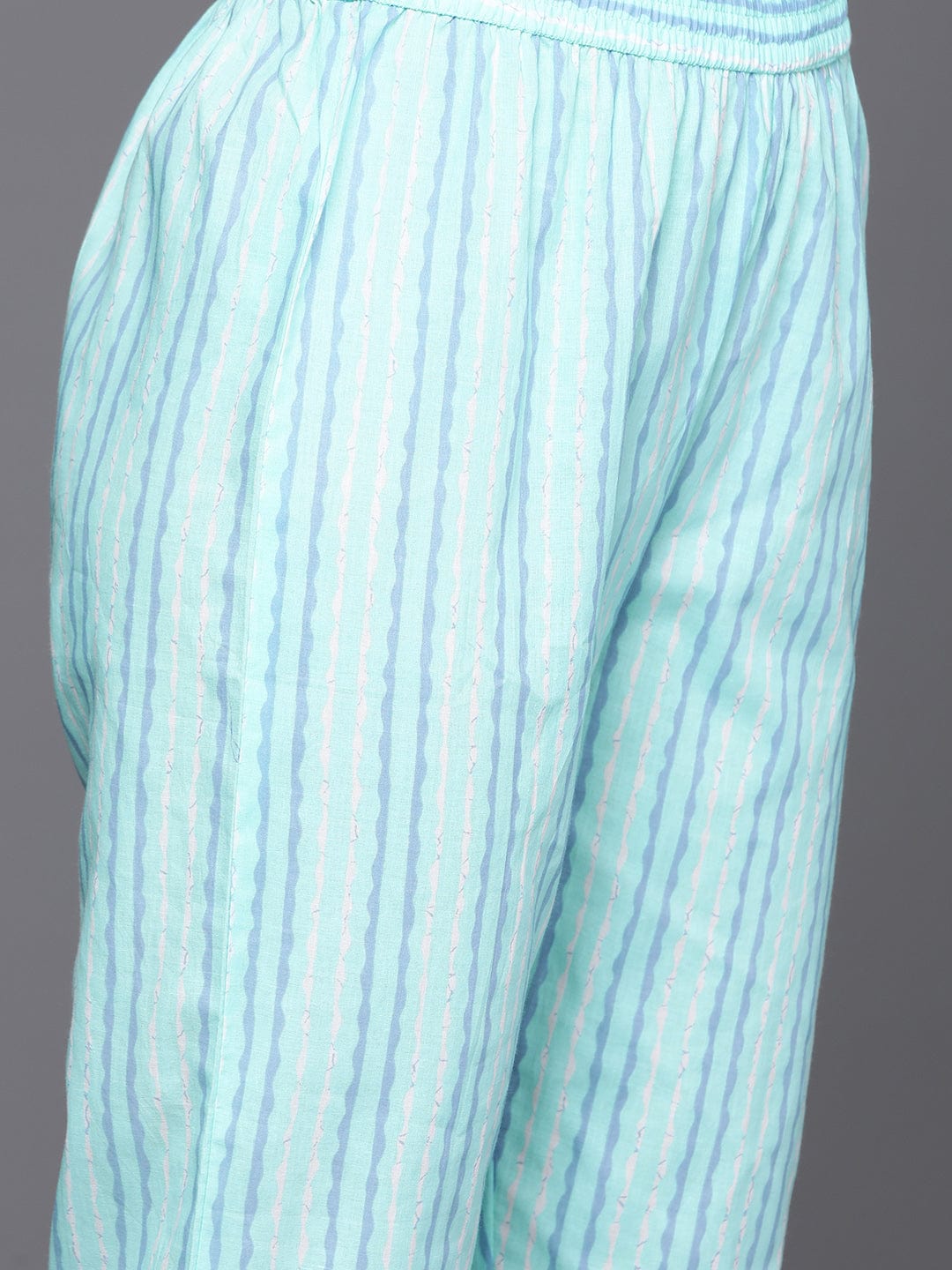 Blue Floral Printed A-Line Kurta With Three Quarter Sleeves Paired With Printed Bottom And Solid Chiffon Dupatta