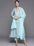Blue Floral Printed A-Line Kurta With Three Quarter Sleeves Paired With Printed Bottom And Solid Chiffon Dupatta