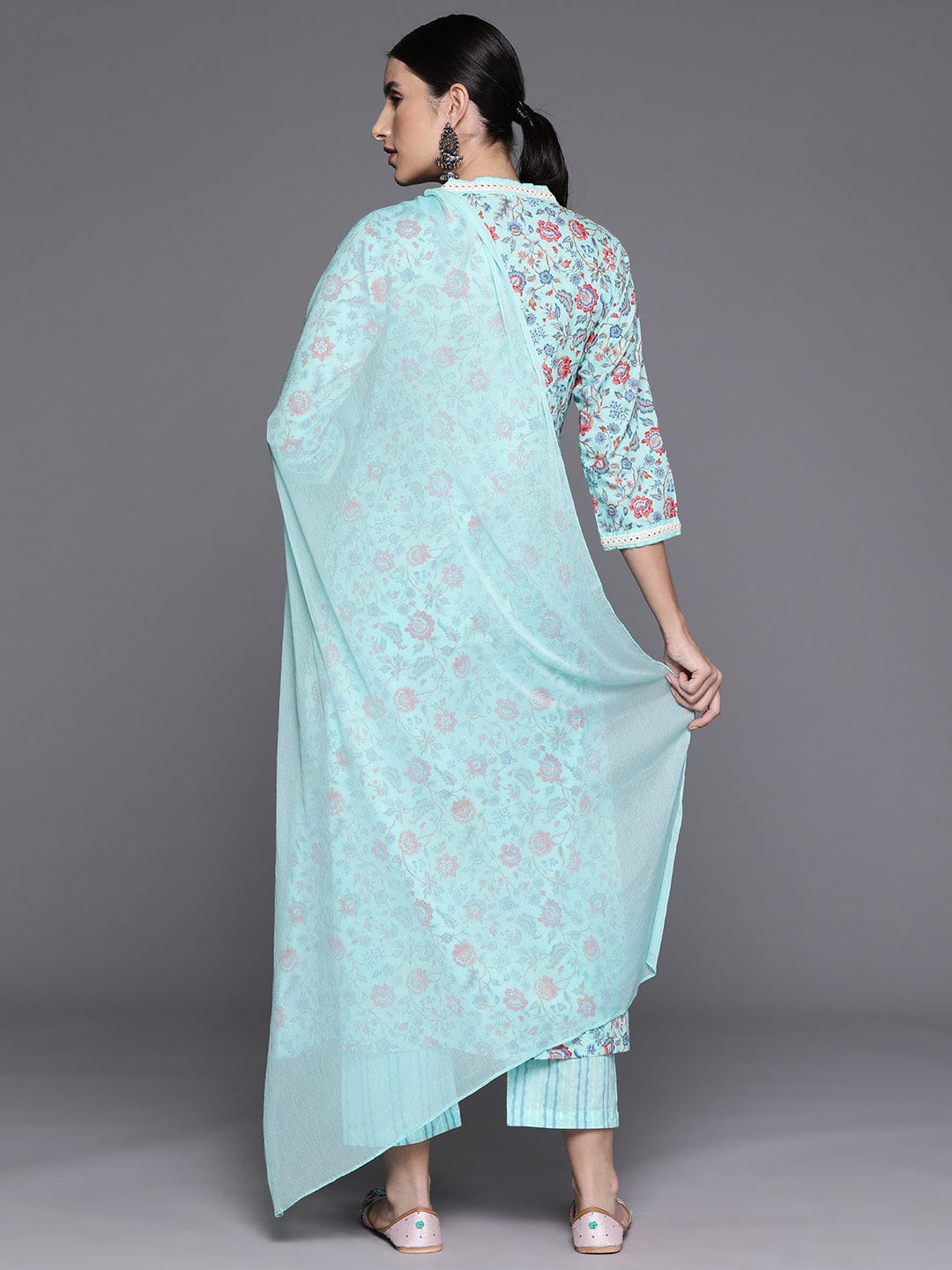 Blue Floral Printed A-Line Kurta With Three Quarter Sleeves Paired With Printed Bottom And Solid Chiffon Dupatta