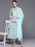Blue Floral Printed A-Line Kurta With Three Quarter Sleeves Paired With Printed Bottom And Solid Chiffon Dupatta