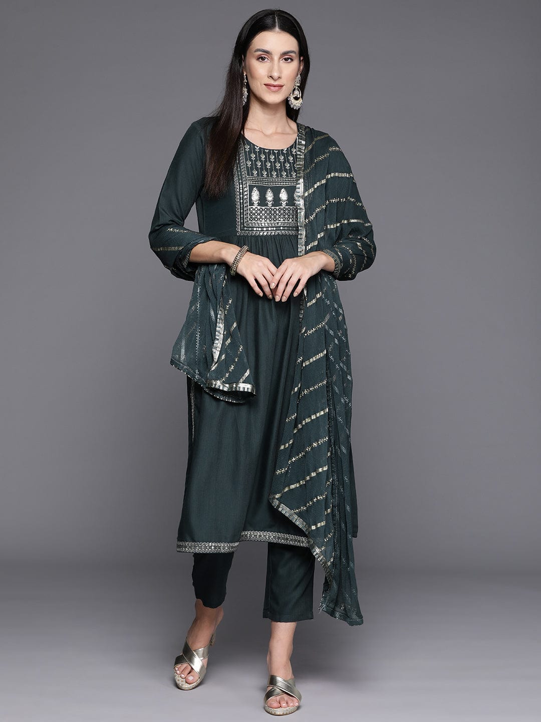 Grey Yoke Embroidered Straight Kurta Paired With Tonal Solid Bottom And Dupatta