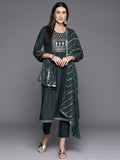 Grey Yoke Embroidered Straight Kurta Paired With Tonal Solid Bottom And Dupatta