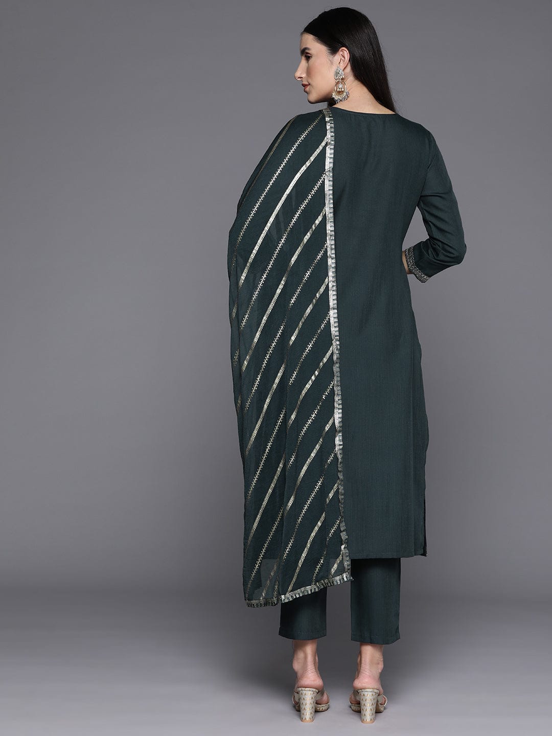 Grey Yoke Embroidered Straight Kurta Paired With Tonal Solid Bottom And Dupatta