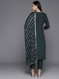 Grey Yoke Embroidered Straight Kurta Paired With Tonal Solid Bottom And Dupatta