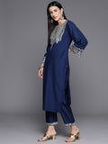 Blue Embroidered Straight Kurta Paired With Tonal Bottom And Dupatta