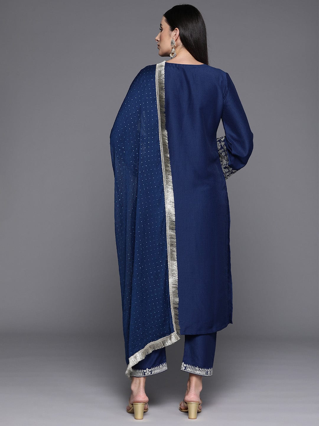 Blue Embroidered Straight Kurta Paired With Tonal Bottom And Dupatta