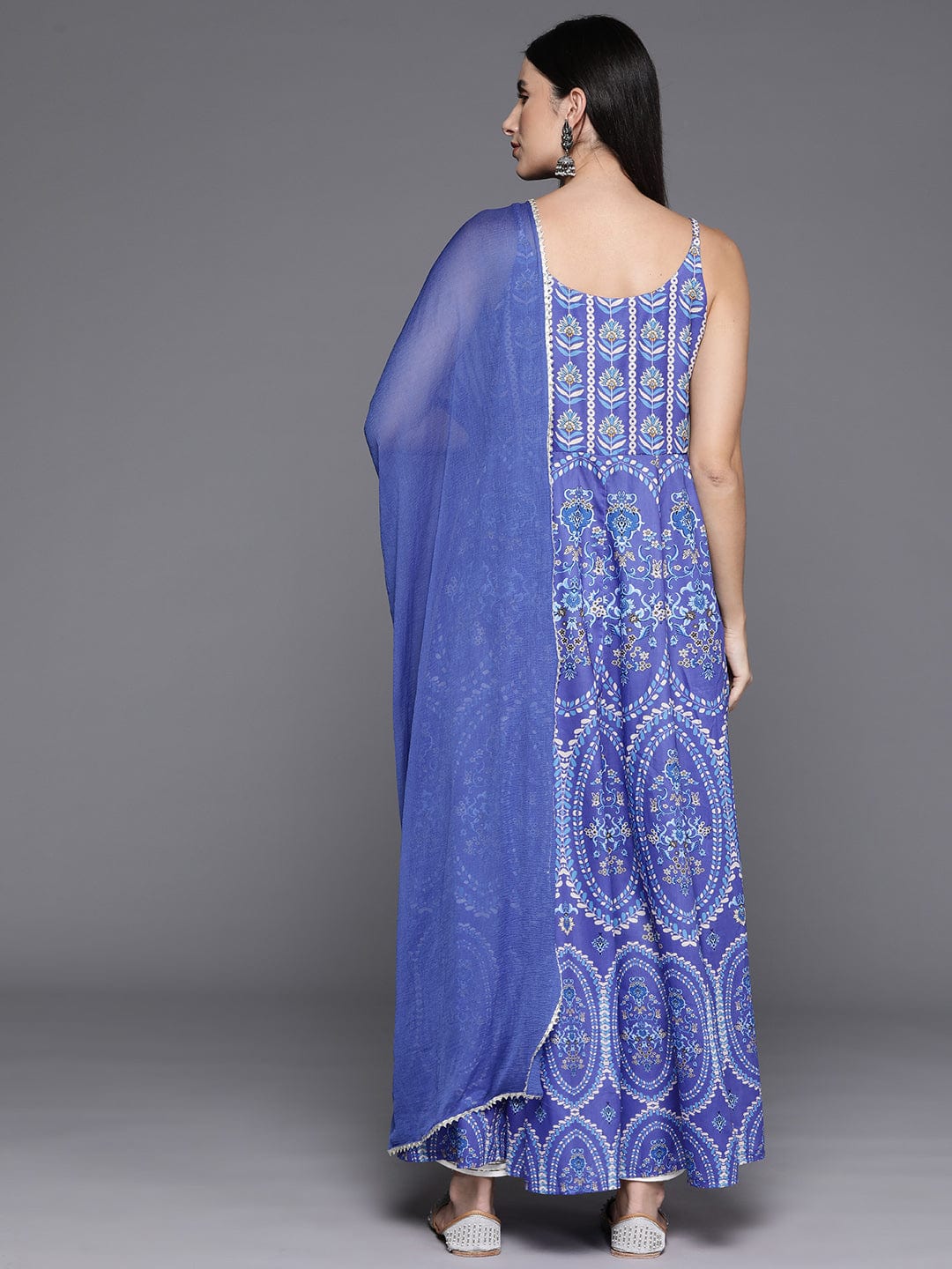 Blue Floral Printed Round Neck Anarkali Kurta With Blue Solid Dupatta Vkur1248 Vardup1591