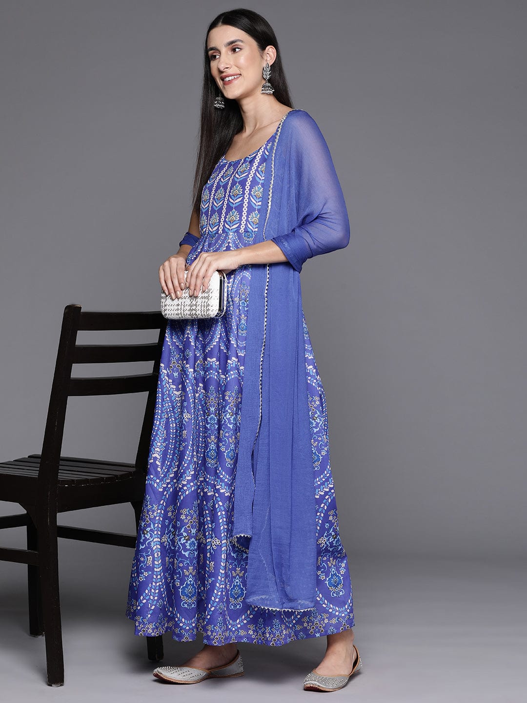 Blue Floral Printed Round Neck Anarkali Kurta With Blue Solid Dupatta Vkur1248 Vardup1591