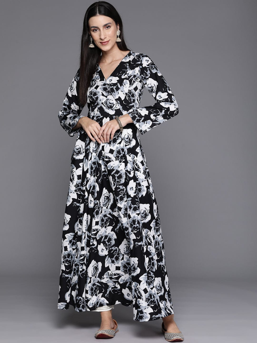 Black Floral Printed Angrakha Style Anarkali Kurta