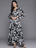 Black Floral Printed Angrakha Style Anarkali Kurta