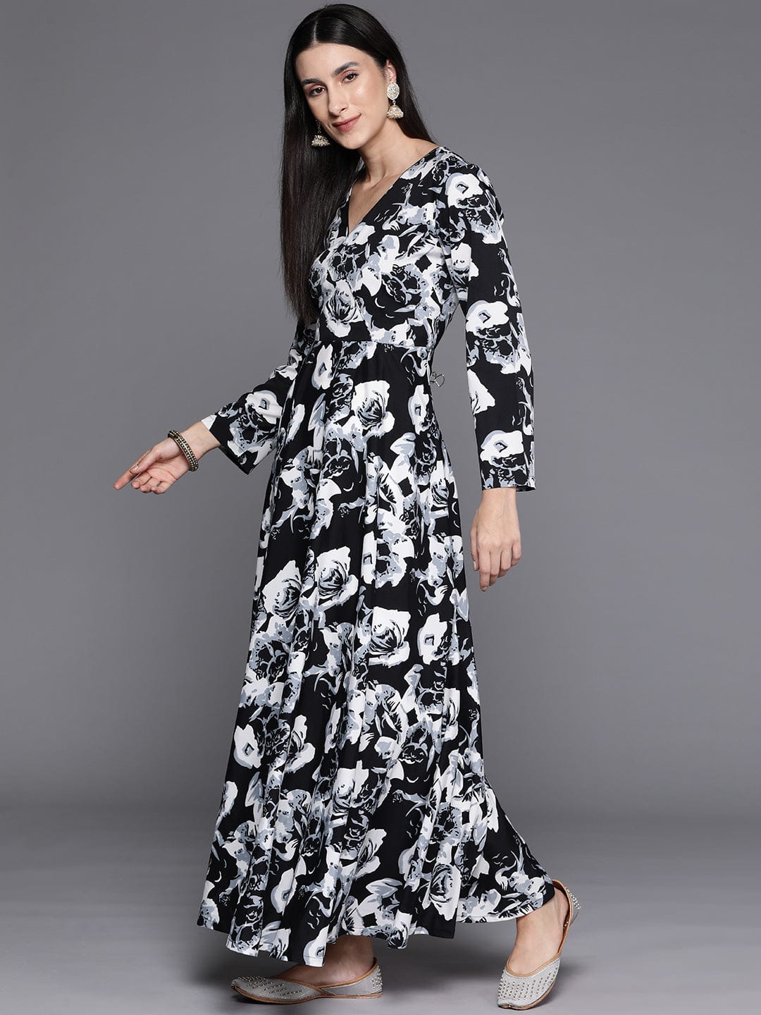 Black Floral Printed Angrakha Style Anarkali Kurta