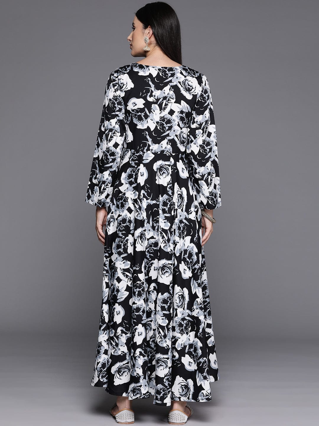 Black Floral Printed Angrakha Style Anarkali Kurta