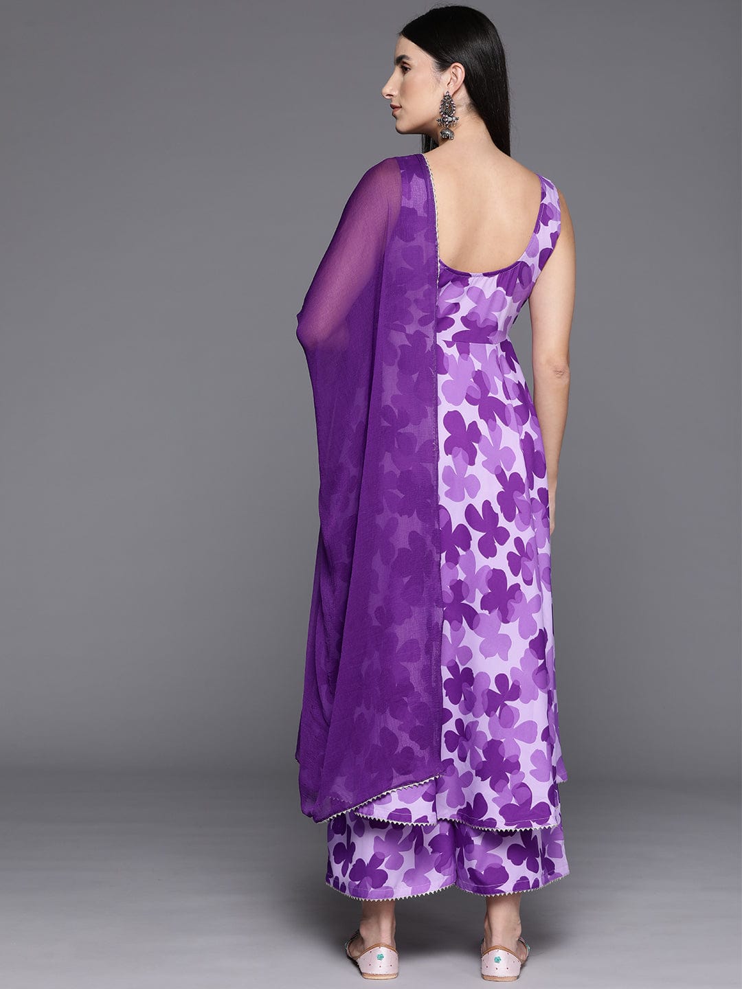 Purple Floral Printed Anarkali Kurta Paired With Tonal Printed Bottom And Dupatta