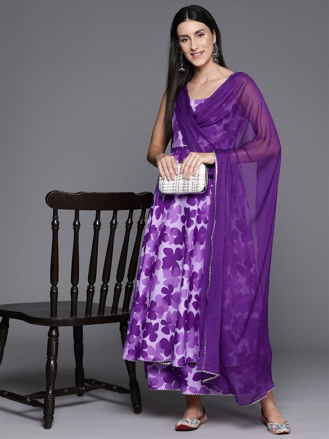 Purple Floral Printed Anarkali Kurta Paired With Tonal Printed Bottom And Dupatta
