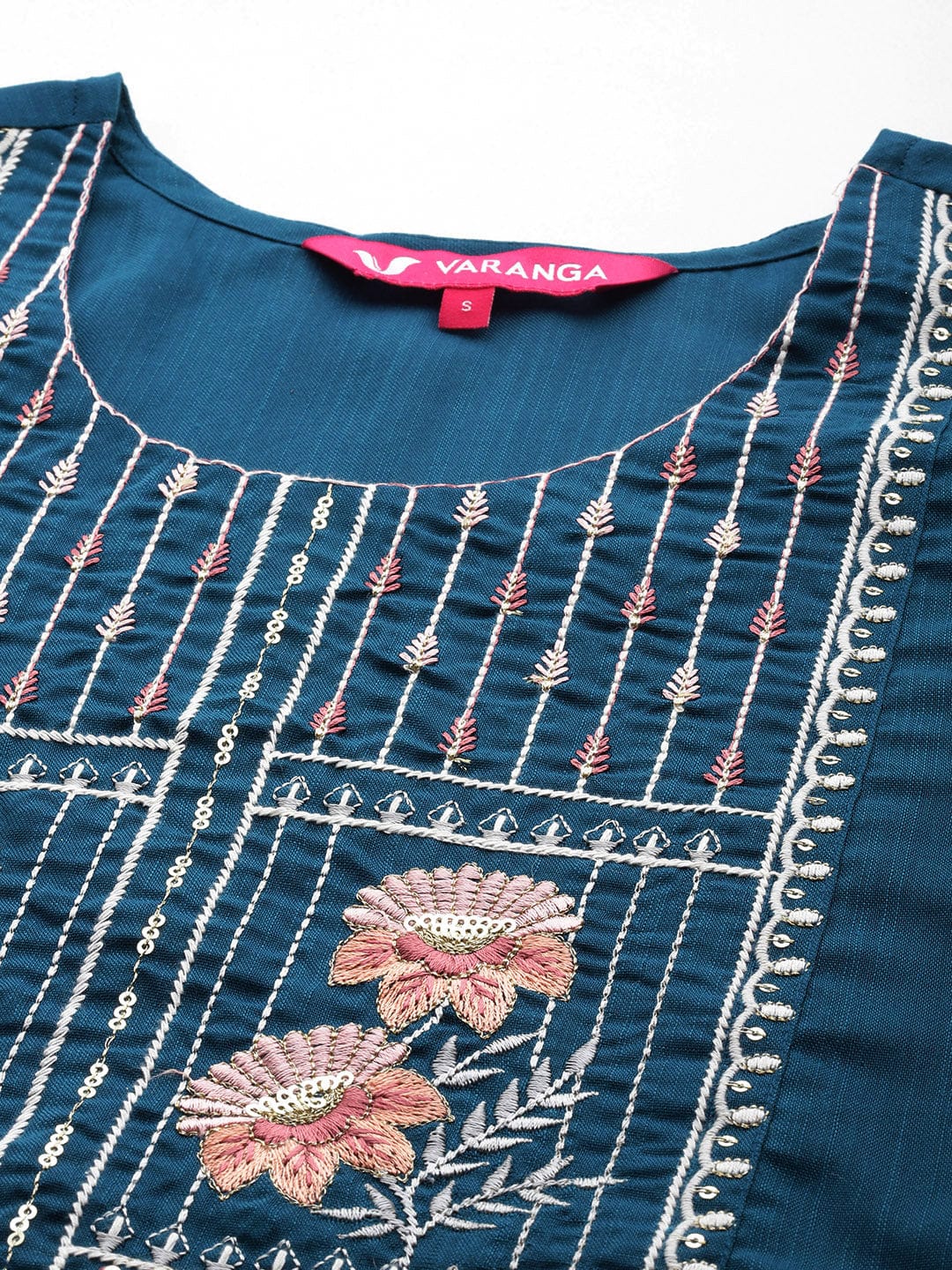 Blue Round Neck Embroidered Yoke Straight Kurta