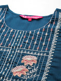 Blue Round Neck Embroidered Yoke Straight Kurta