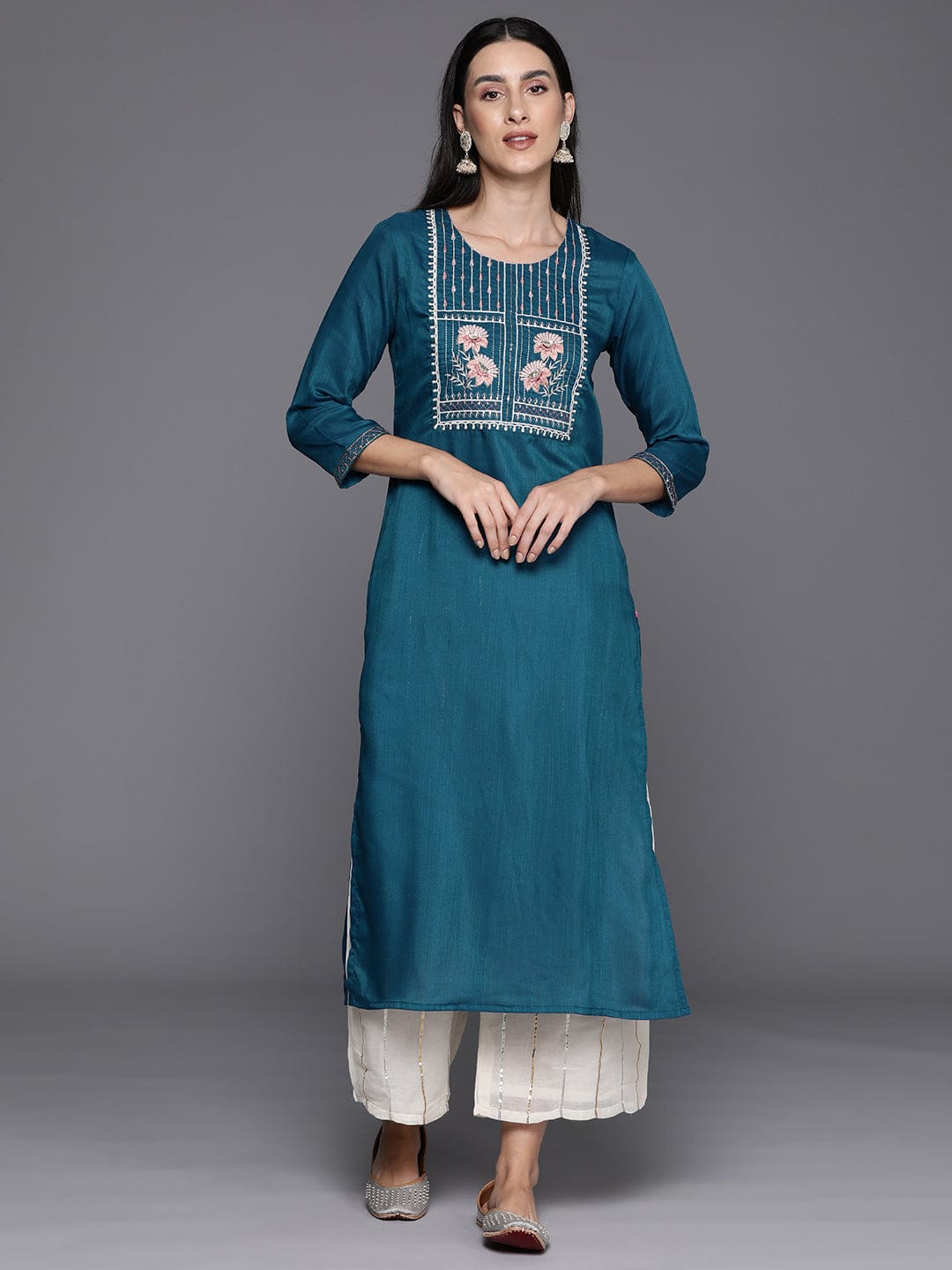 Blue Round Neck Embroidered Yoke Straight Kurta