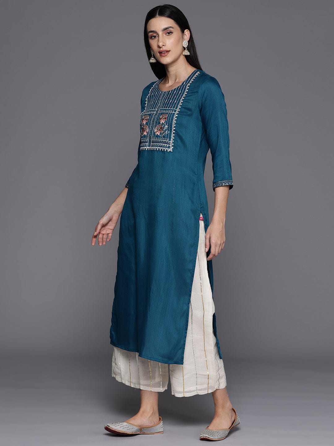 Blue Round Neck Embroidered Yoke Straight Kurta