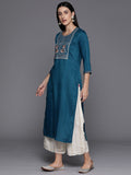 Blue Round Neck Embroidered Yoke Straight Kurta