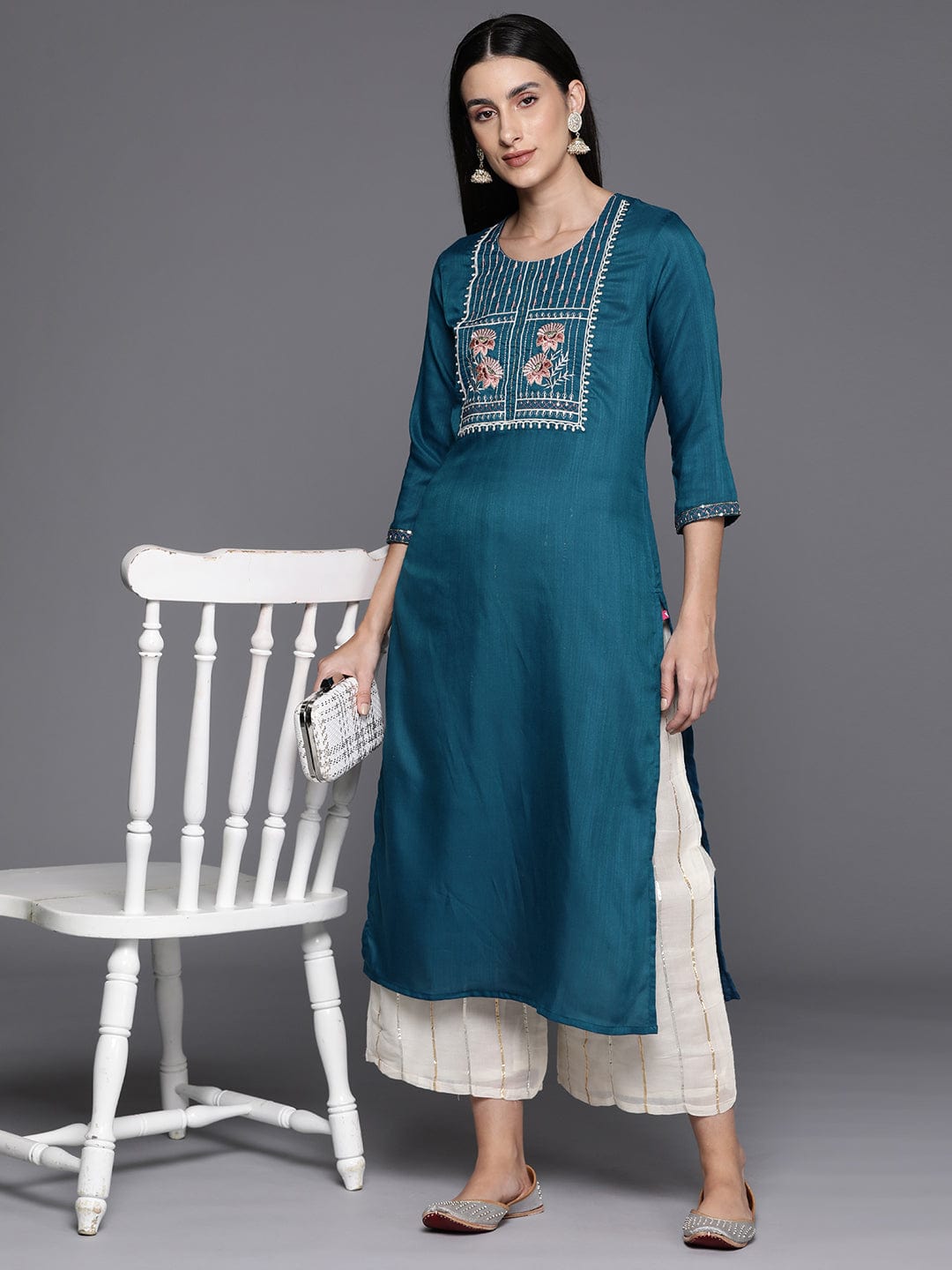 Blue Round Neck Embroidered Yoke Straight Kurta