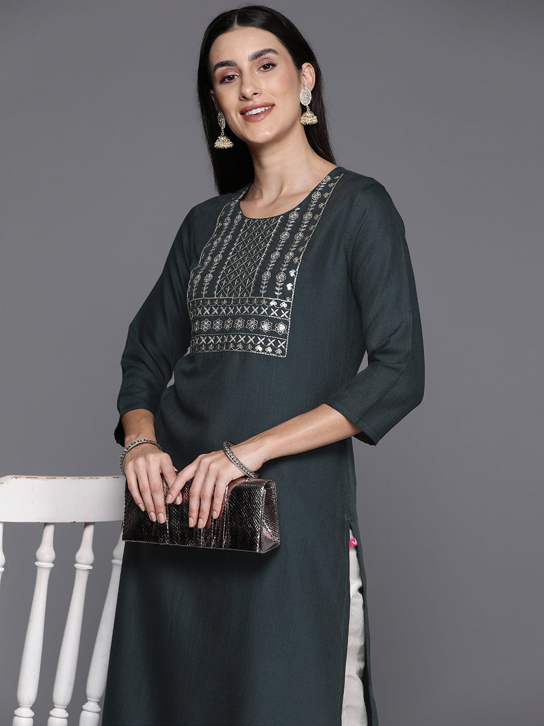 Grey Round Neck Embroidered Yoke Straight Kurta With Side Slits