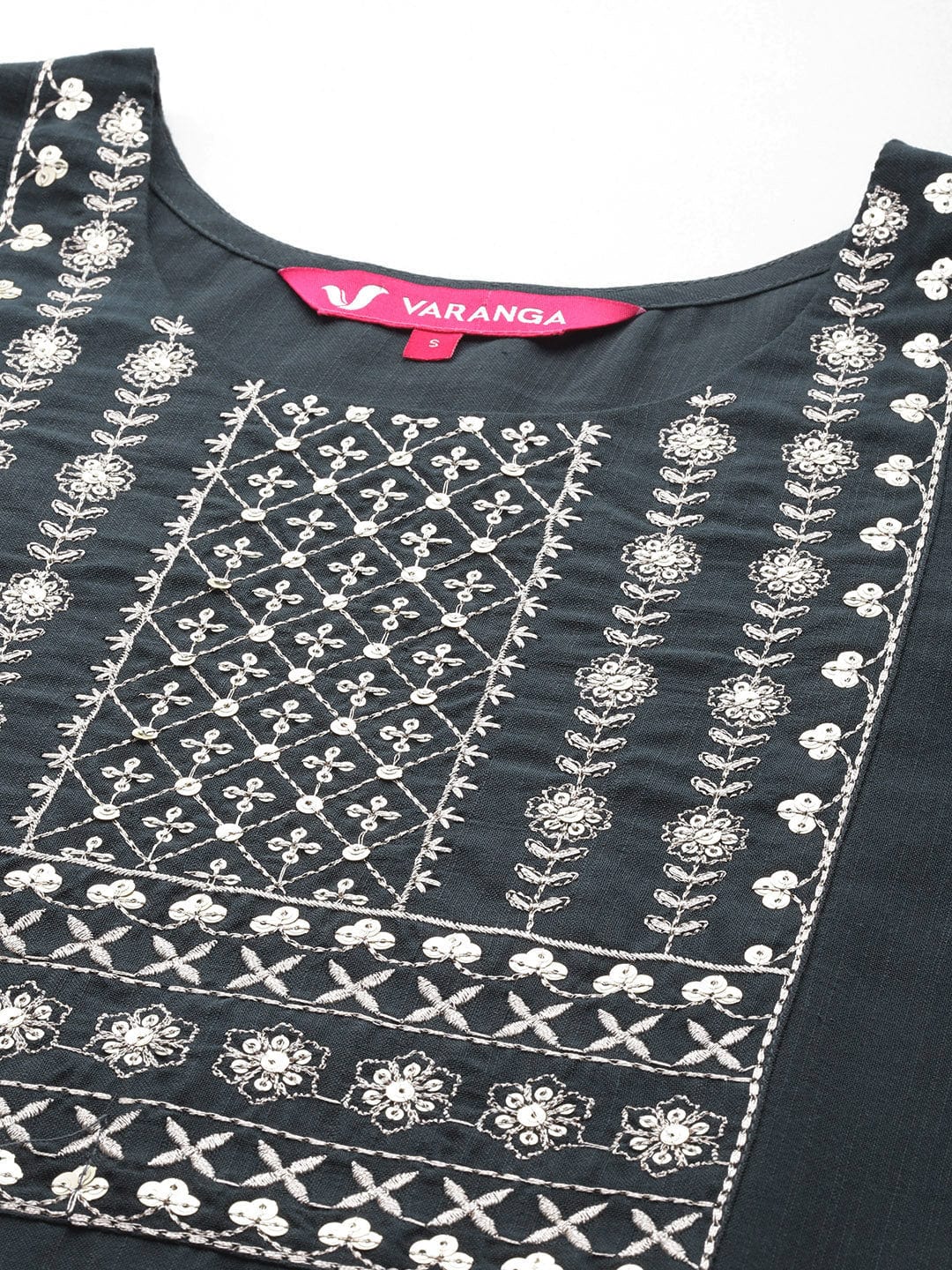 Grey Round Neck Embroidered Yoke Straight Kurta With Side Slits