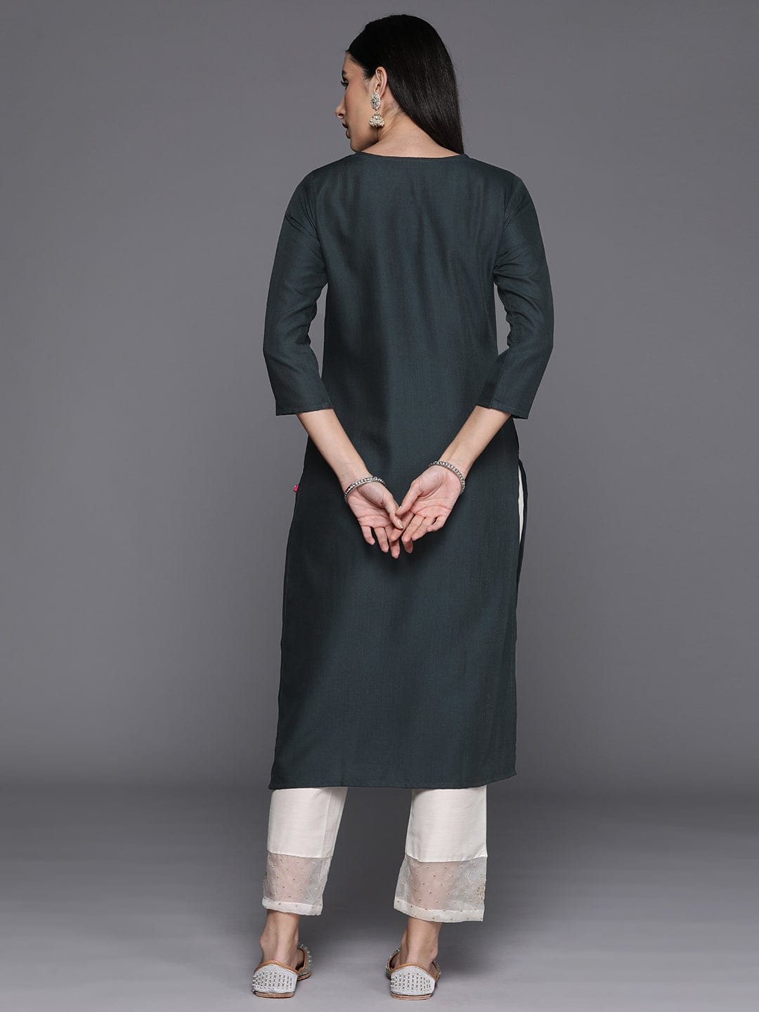 Grey Round Neck Embroidered Yoke Straight Kurta With Side Slits