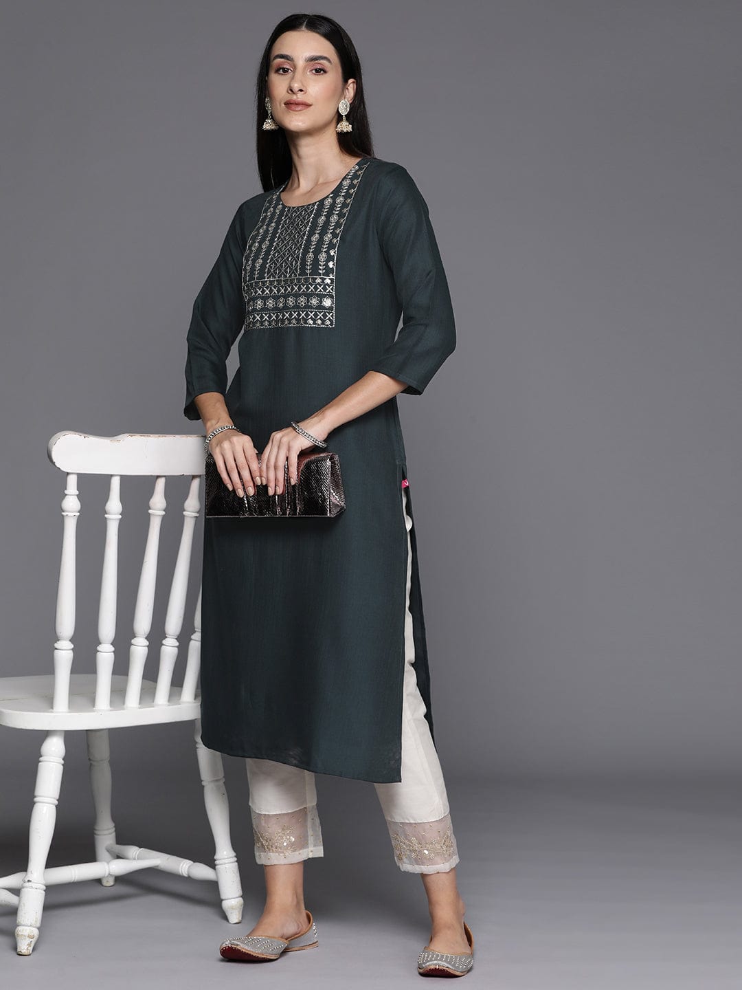 Grey Round Neck Embroidered Yoke Straight Kurta With Side Slits