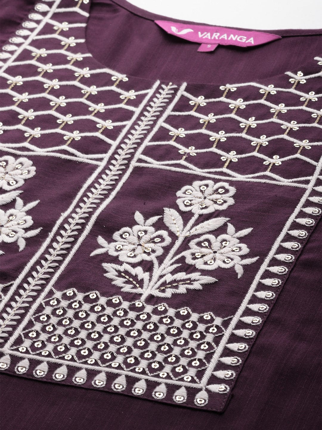 Burgundy Round Neck Embroidered Yoke Straight Kurta