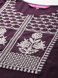 Burgundy Round Neck Embroidered Yoke Straight Kurta