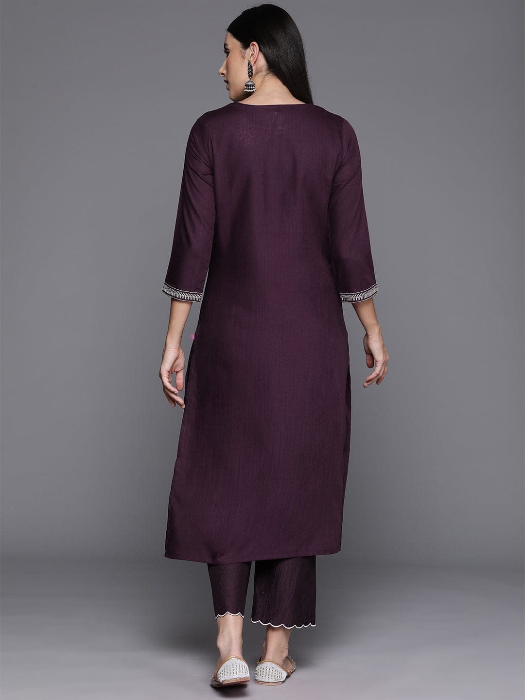 Burgundy Round Neck Embroidered Yoke Straight Kurta