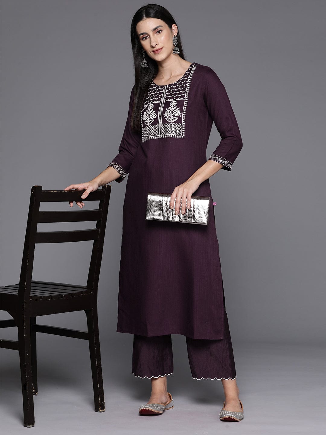 Burgundy Round Neck Embroidered Yoke Straight Kurta