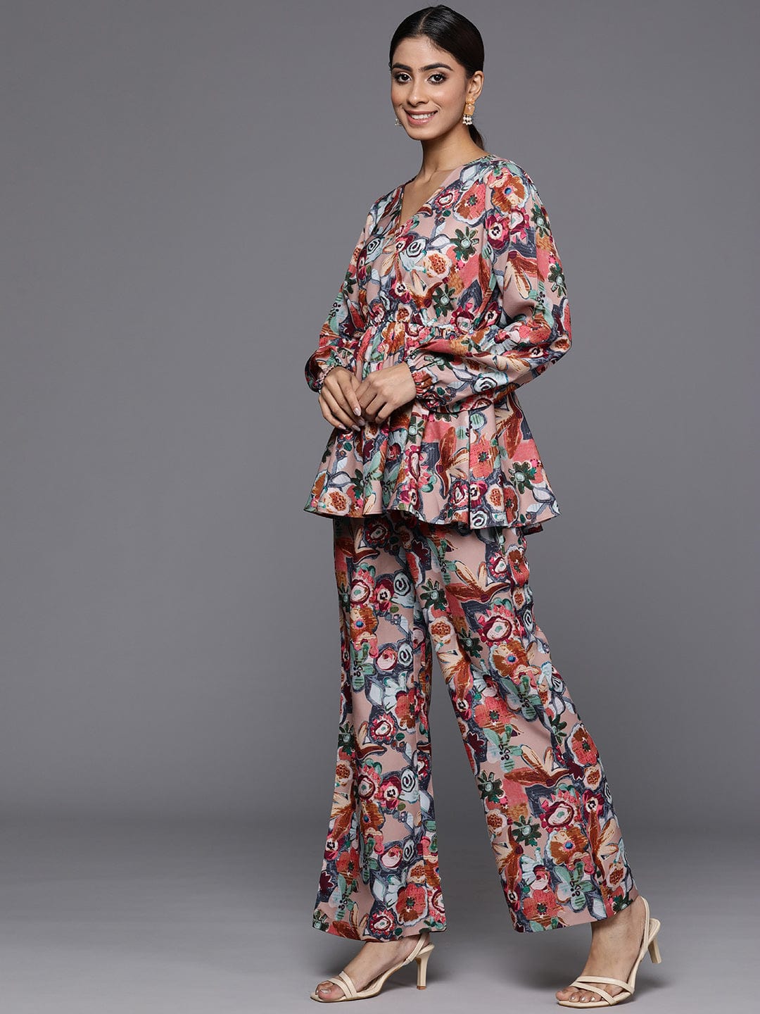 Beige Abstract Printed V-Neck Angrakha Style Top Paired With Tonal Printed Flared Bottom