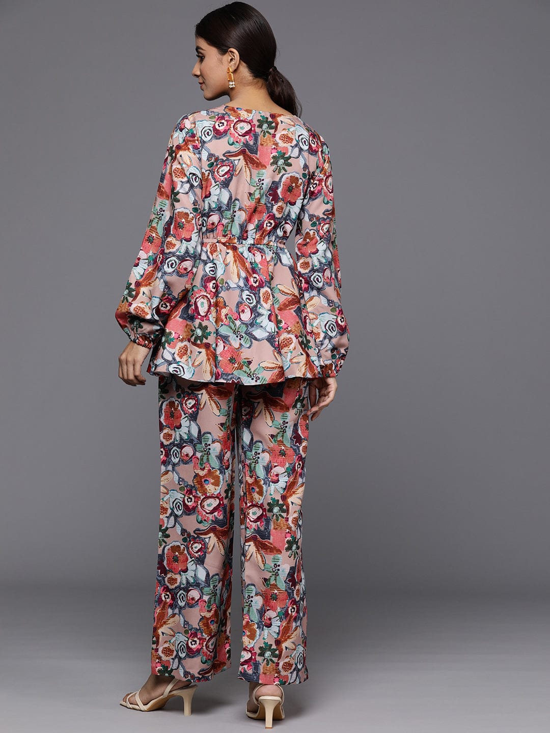 Beige Abstract Printed V-Neck Angrakha Style Top Paired With Tonal Printed Flared Bottom
