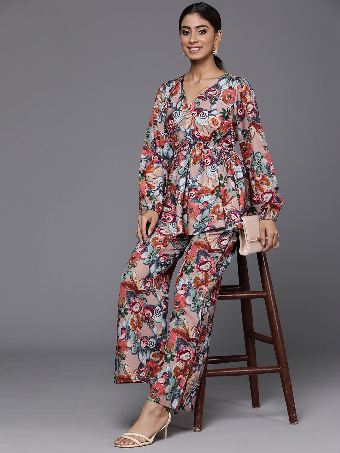 Beige Abstract Printed V-Neck Angrakha Style Top Paired With Tonal Printed Flared Bottom