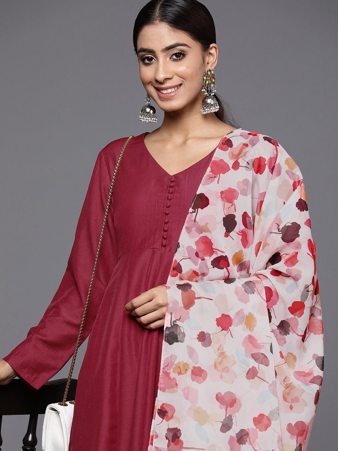 Maroon Anarkali Kurta Paired With Contrast Bottom And Dupatta