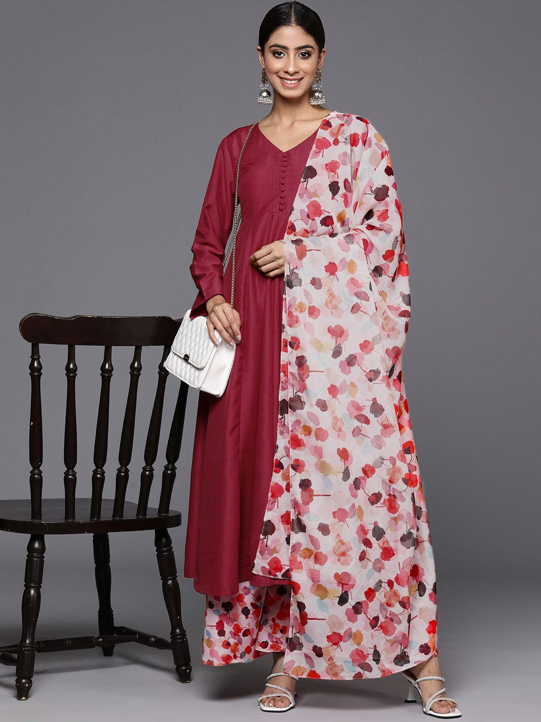 Maroon Anarkali Kurta Paired With Contrast Bottom And Dupatta