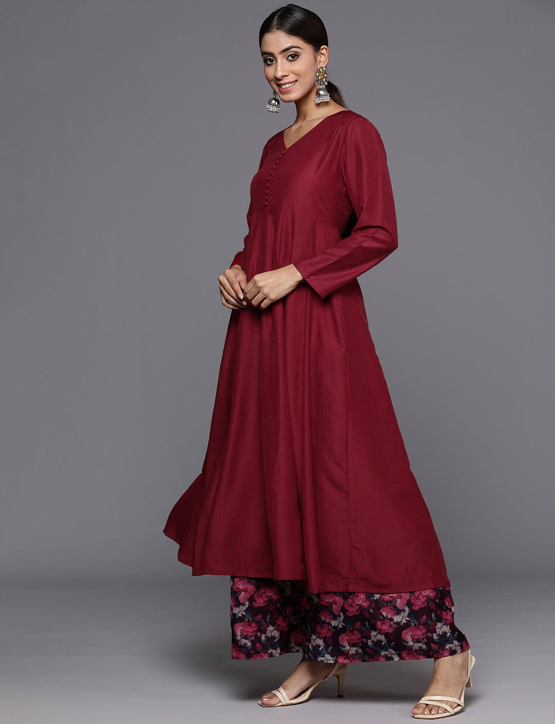 Maroon Anarkali Kurta Paired With Contrast Bottom And Dupatta