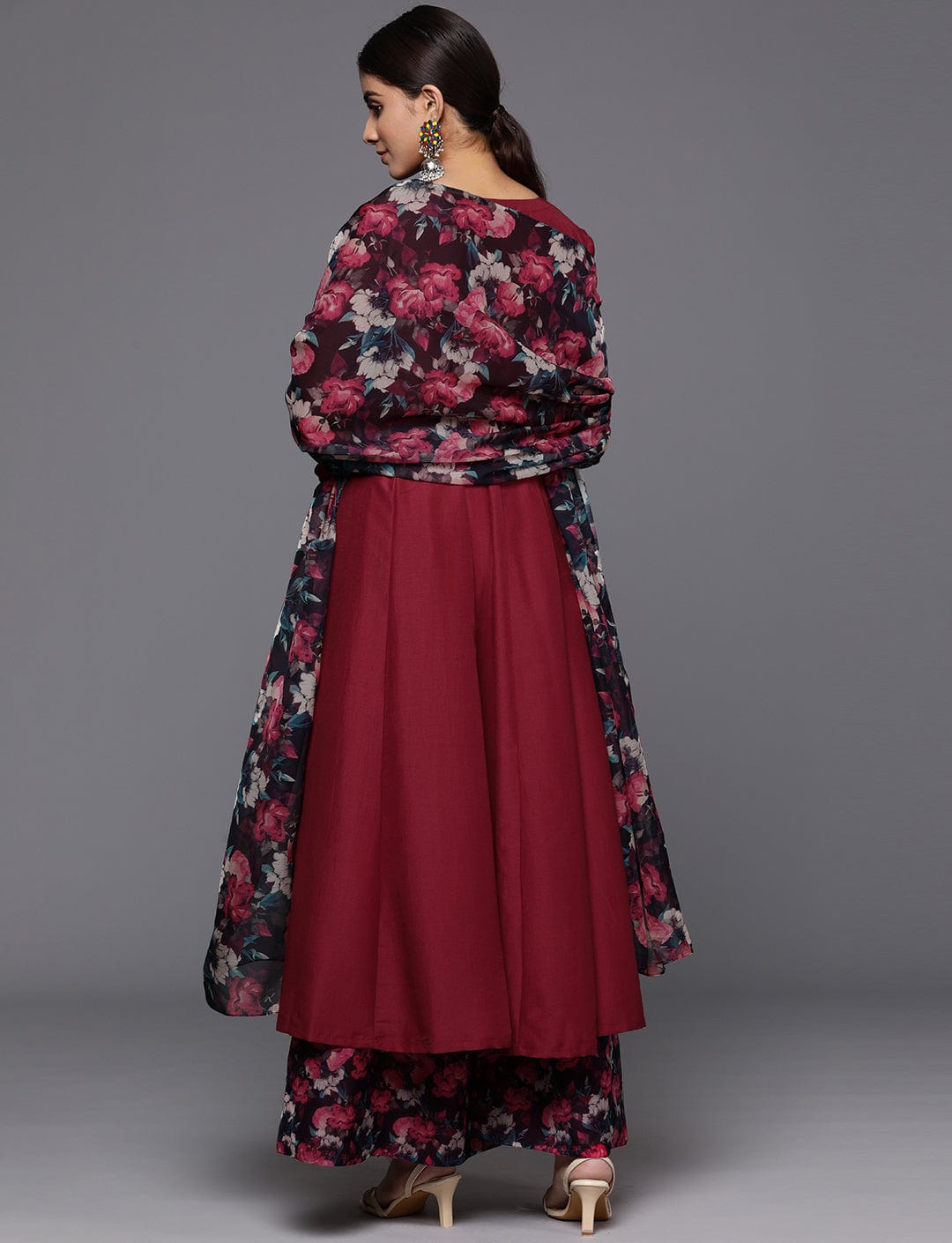 Maroon Anarkali Kurta Paired With Contrast Bottom And Dupatta