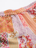 Multi Abstract Printed V-Neck Angrakha Style Top Paired With Tonal Printed Flared Bottom