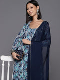 Varanga Women Blue Floral Printed Anarkali Kurta Paired With Dupatta