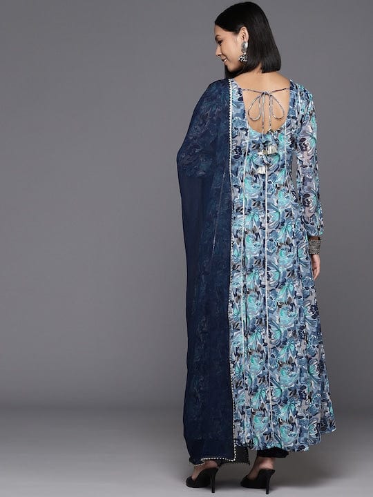 Varanga Women Blue Floral Printed Anarkali Kurta Paired With Dupatta