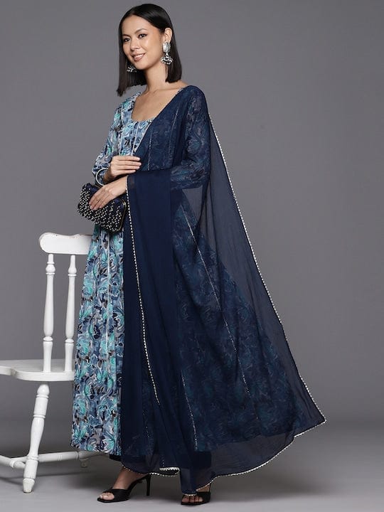 Varanga Women Blue Floral Printed Anarkali Kurta Paired With Dupatta