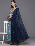 Varanga Women Blue Floral Printed Anarkali Kurta Paired With Dupatta
