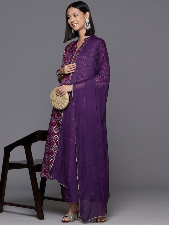 Varanga Purple Bandhani Printed Anarkali Kurta With Bottom And Dupatta