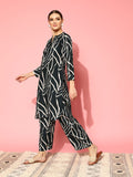 Varanga Women Black & White Abstract Printed Straight Kurta Paired With Tonal Printed Bottom