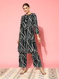Varanga Women Black & White Abstract Printed Straight Kurta Paired With Tonal Printed Bottom