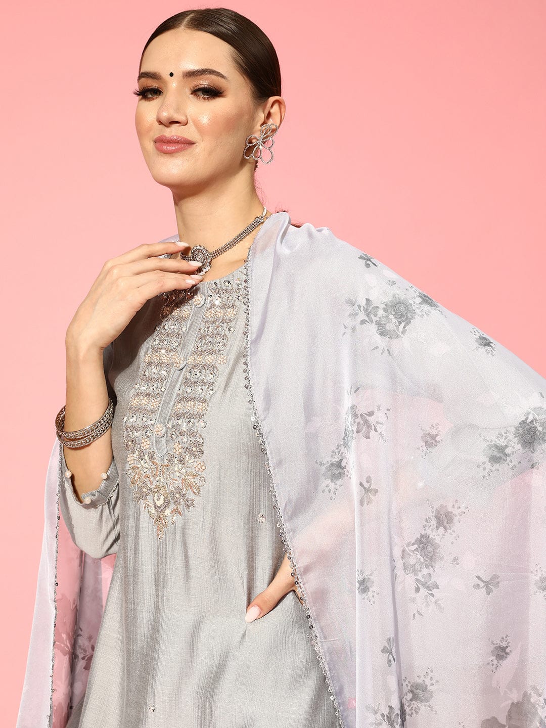 Varanga Women Grey Round Neck Embroidered Straight Kurta Paired With Tonal Bottom And Printed Dupatta