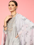 Varanga Women Grey Round Neck Embroidered Straight Kurta Paired With Tonal Bottom And Printed Dupatta