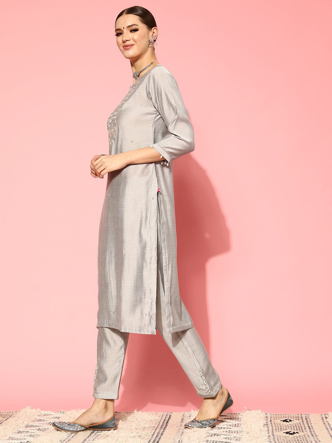 Varanga Women Grey Round Neck Embroidered Straight Kurta Paired With Tonal Bottom And Printed Dupatta